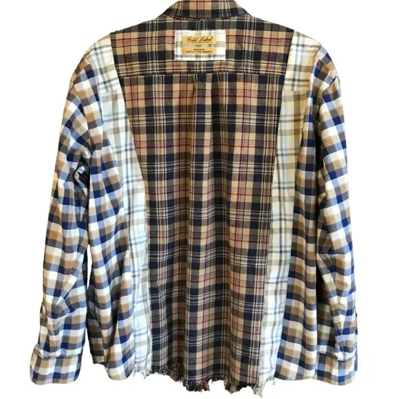 Mixed Print Button-Down Shirt, M-L: Upcycled Boho Patchwork Top, Autumn Colors - Picture 3 of 12